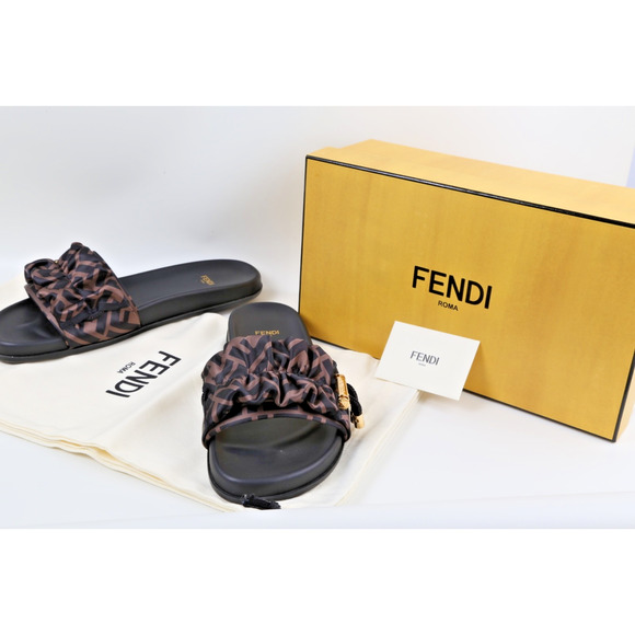 FENDI Zucca FF Logo Print Ruched Fabric Slides Flats Sandals Size 41 - Picture 1 of 16